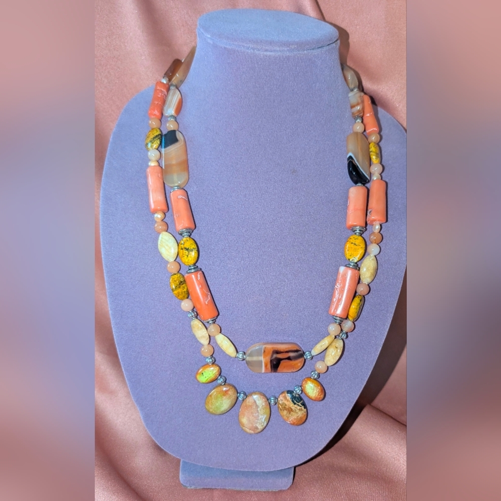 Extensive Salmon Coral  Fire Agate Coral Green Apple Coral & Pearl Necklace
